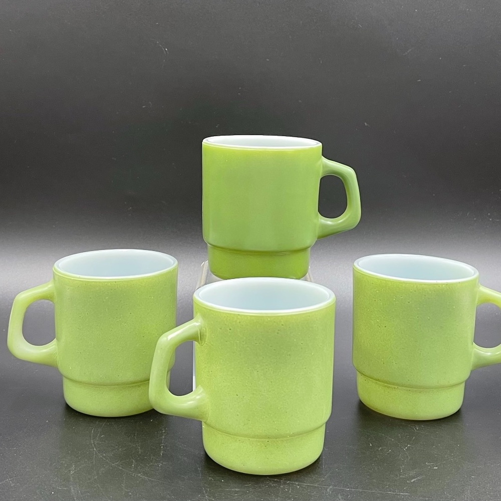Vintage Avocado Green Fire King Anchor Hocking Stacking Coffee Cup Mugs-Set of 4